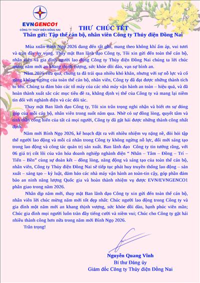Thư chúc tết của Giám đốc Công ty Thủy điện Đồng Nai